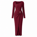 Women's Autumn Winter Solid Color Knit Texture Long Dress with Irregular Neckline
