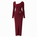 Women's Autumn Winter Solid Color Knit Texture Long Dress with Irregular Neckline