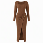 Women's Autumn Winter Solid Color Knit Texture Long Dress with Irregular Neckline