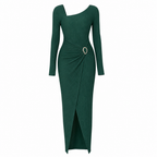Women's Autumn Winter Solid Color Knit Texture Long Dress with Irregular Neckline