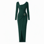 Women's Autumn Winter Solid Color Knit Texture Long Dress with Irregular Neckline