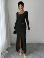 Women's Autumn Winter Solid Color Knit Texture Long Dress with Irregular Neckline