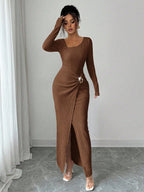 Women's Autumn Winter Solid Color Knit Texture Long Dress with Irregular Neckline
