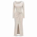 Women's Autumn Winter Solid Color Knit Texture Long Dress with Irregular Neckline