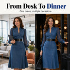 👗 Cinched Waist, Sheer Sleeve Detail | Women's Slimming Denim Dress