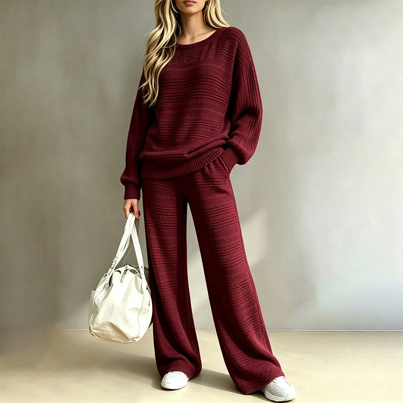 ⚡Free Shipping🌸Women's Autumn Winter Ribbed Knit Two Piece Set Casual Long Sleeve Top and Wide Leg Pants