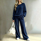 ⚡Free Shipping🌸Women's Autumn Winter Ribbed Knit Two Piece Set Casual Long Sleeve Top and Wide Leg Pants