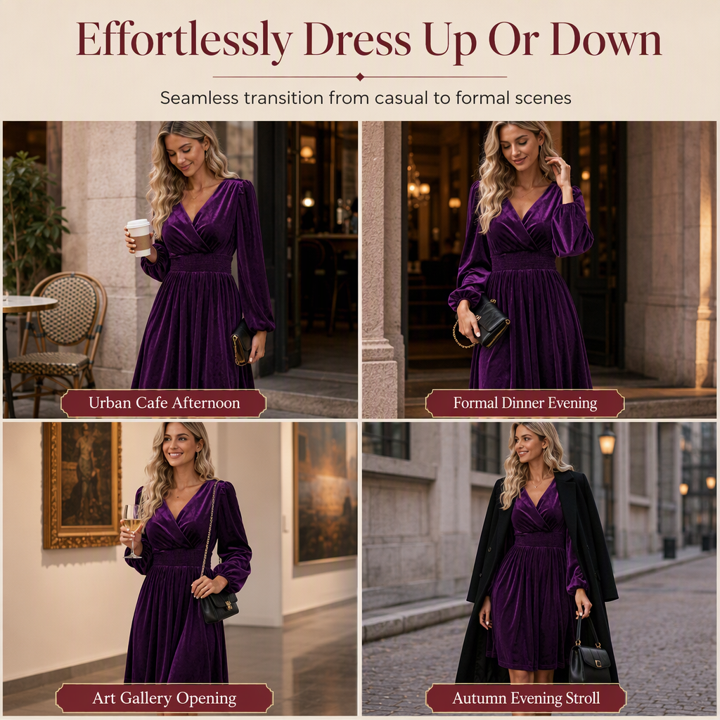 Women's Solid Color Velvet V Neck Long Sleeve Maxi Dress