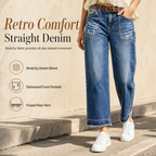 Women's Vintage Stretchy Straight Leg Denim Jeans with Distressed Patch Pockets and Frayed Raw Hem