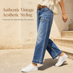 Women's Vintage Stretchy Straight Leg Denim Jeans with Distressed Patch Pockets and Frayed Raw Hem