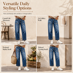 Women's Vintage Stretchy Straight Leg Denim Jeans with Distressed Patch Pockets and Frayed Raw Hem