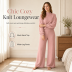 Women's Casual Two-Piece Knit Lounge Set with Mock Neck Long Sleeve Sweatshirt and High-Waisted Wide-Leg Pants