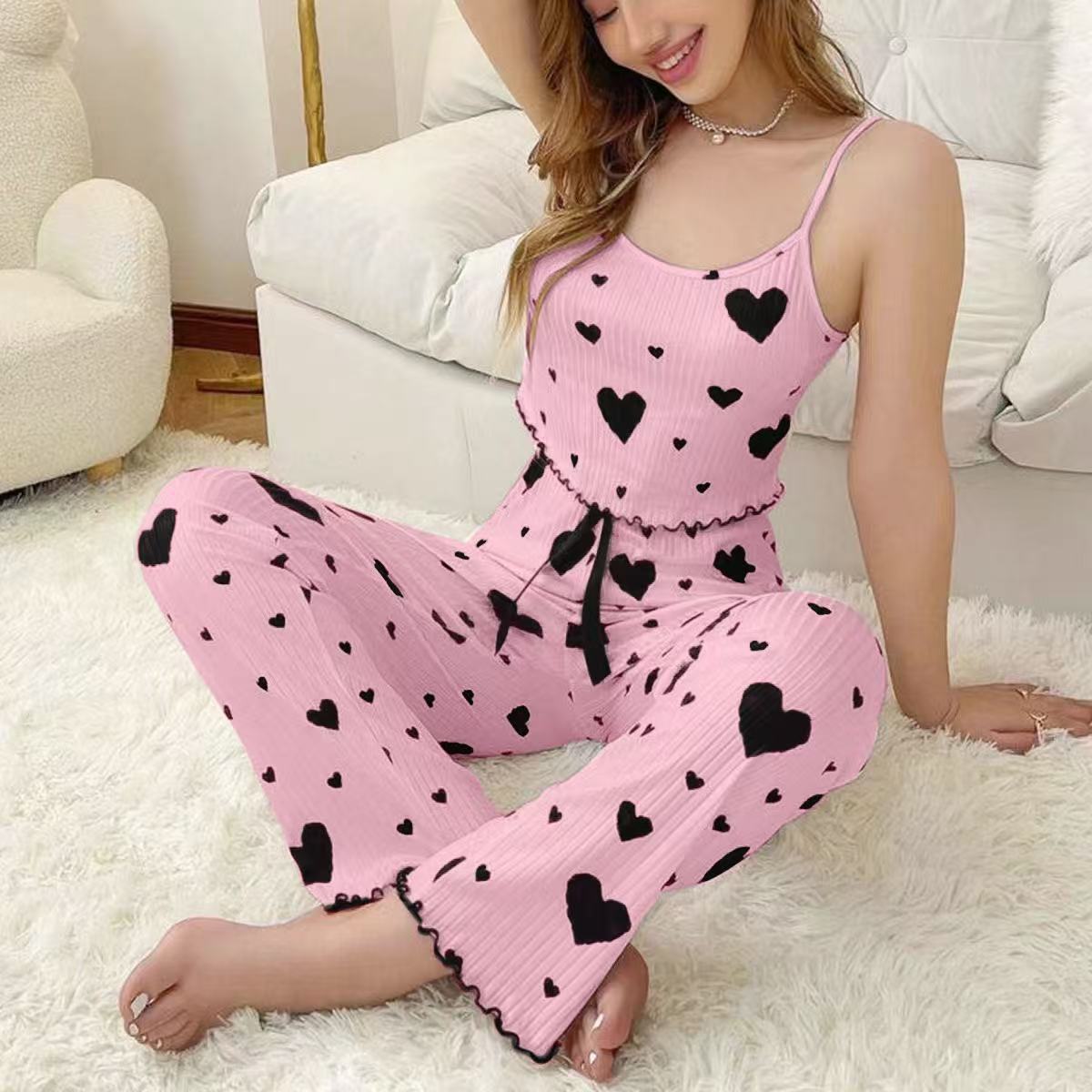 💖Black Friday Mega Deal – 50% off!💖🧸Womens 2 Piece Ribbed Pajama Set Heart Print Camisole Top and Long Pants Loungewear🏡
