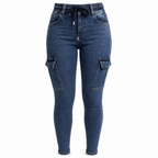 Women's High Waisted Elastic Drawstring Cargo Jeggings Skinny Denim Pants