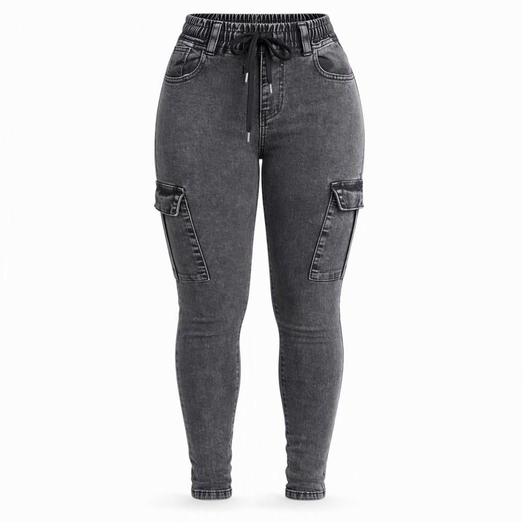 Women's High Waisted Elastic Drawstring Cargo Jeggings Skinny Denim Pants