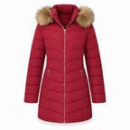 Women Mid-Length Slim Fit Winter Padded Coat with Large Fur Collar Outerwear