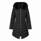 Women Mid-Length Slim Fit Winter Padded Coat with Large Fur Collar Outerwear