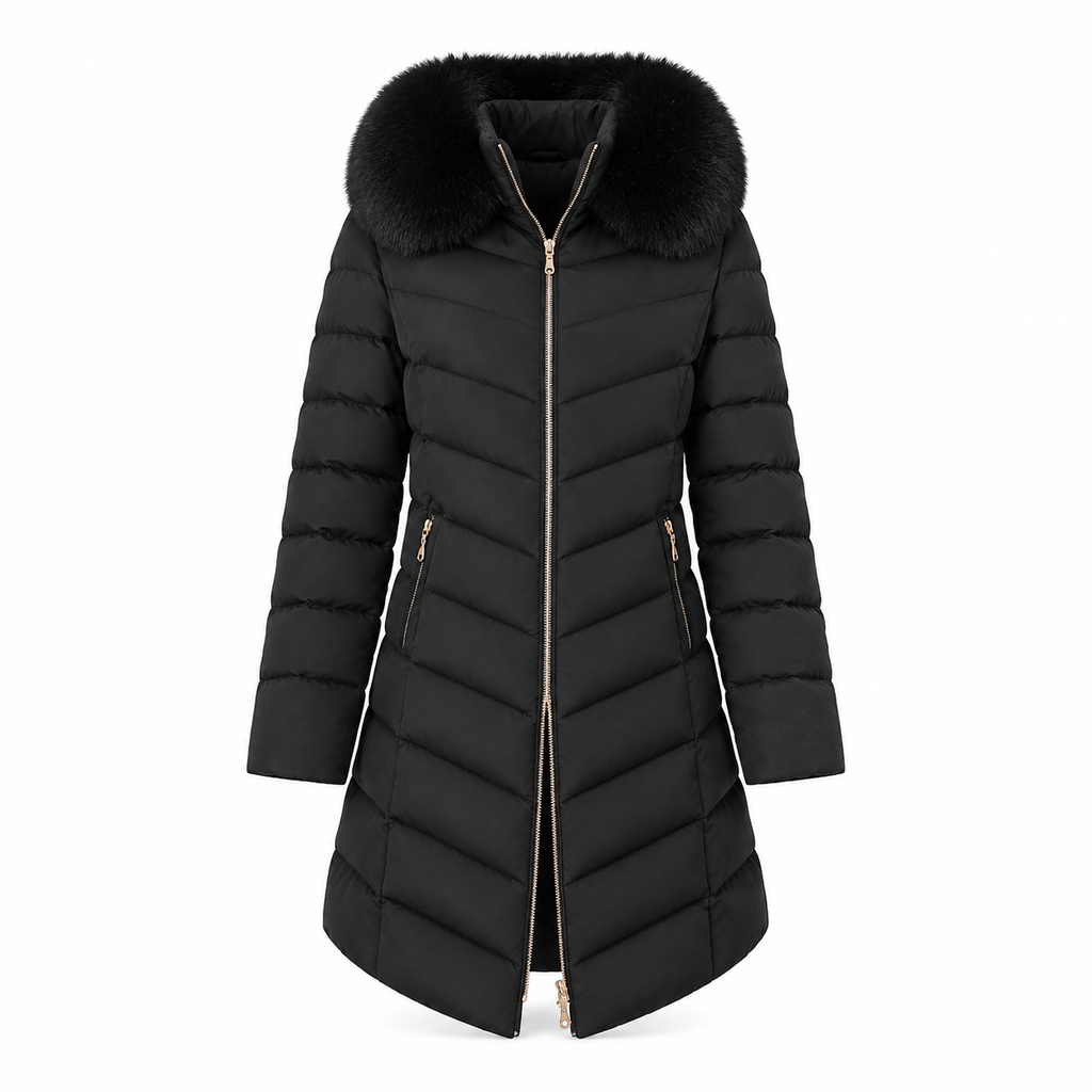 Women Mid-Length Slim Fit Winter Padded Coat with Large Fur Collar Outerwear