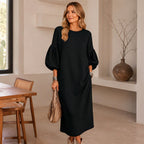 Women's Textured Knit Puff Sleeve Midi Dress