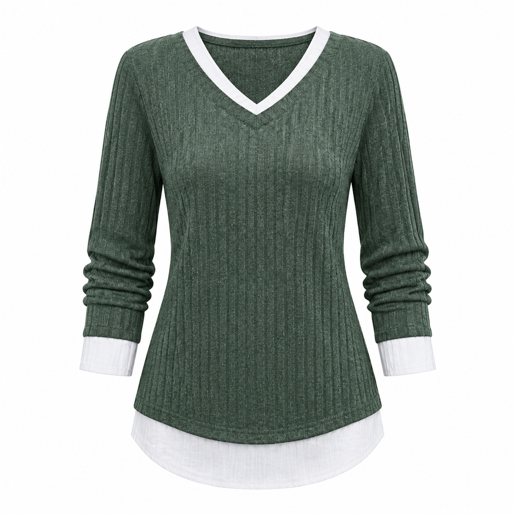 💚 Faux Two Piece Layered Knit Sweater Casual Pullover Top