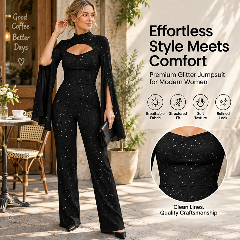 🖤 Women's Sparkly Glitter Cape Sleeve Jumpsuit✨